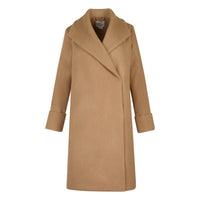 A women's camel coat displayed on a white background. The coat features an oversized collar and cuffed long sleeves. the camel coat is made from 100% wool. Its rich camel color enhances its elegant design, showcasing a sophisticated and timeless look.