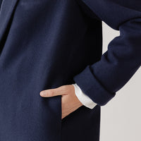 Pocket detail, side view of navy blue wool coat