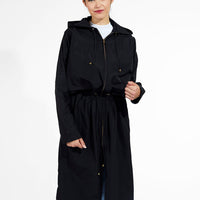 Long Raincoat with Hood - Black