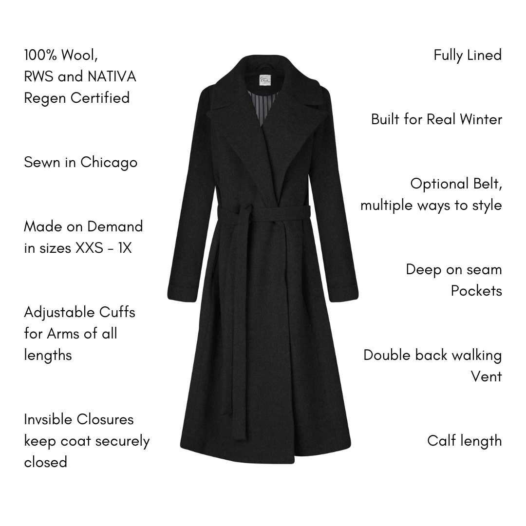 Women's Long Black Wool Trench Coat | American Made | The Checkroom