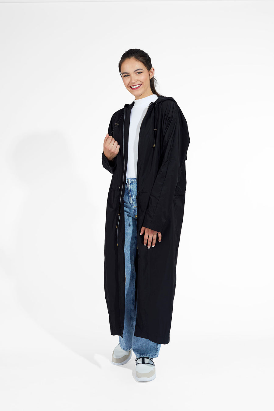 Long Raincoat with Hood - Black