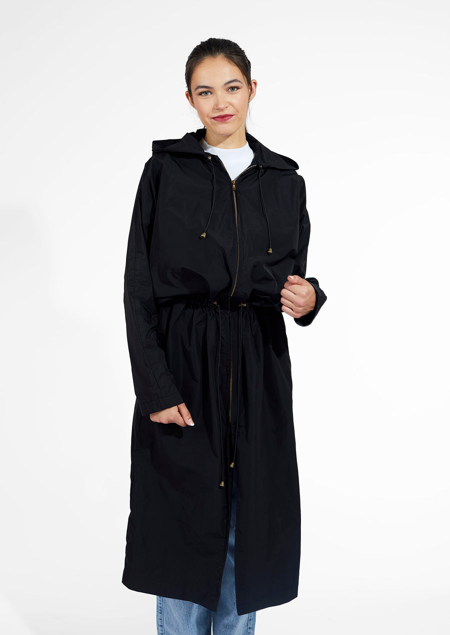 Long Raincoat with Hood - Black