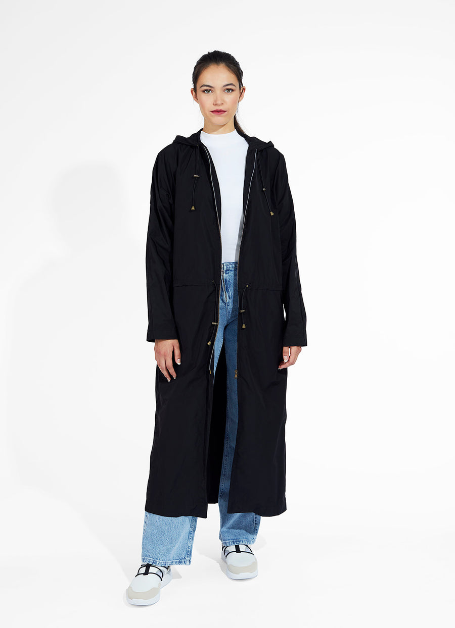 Long Raincoat with Hood - Black