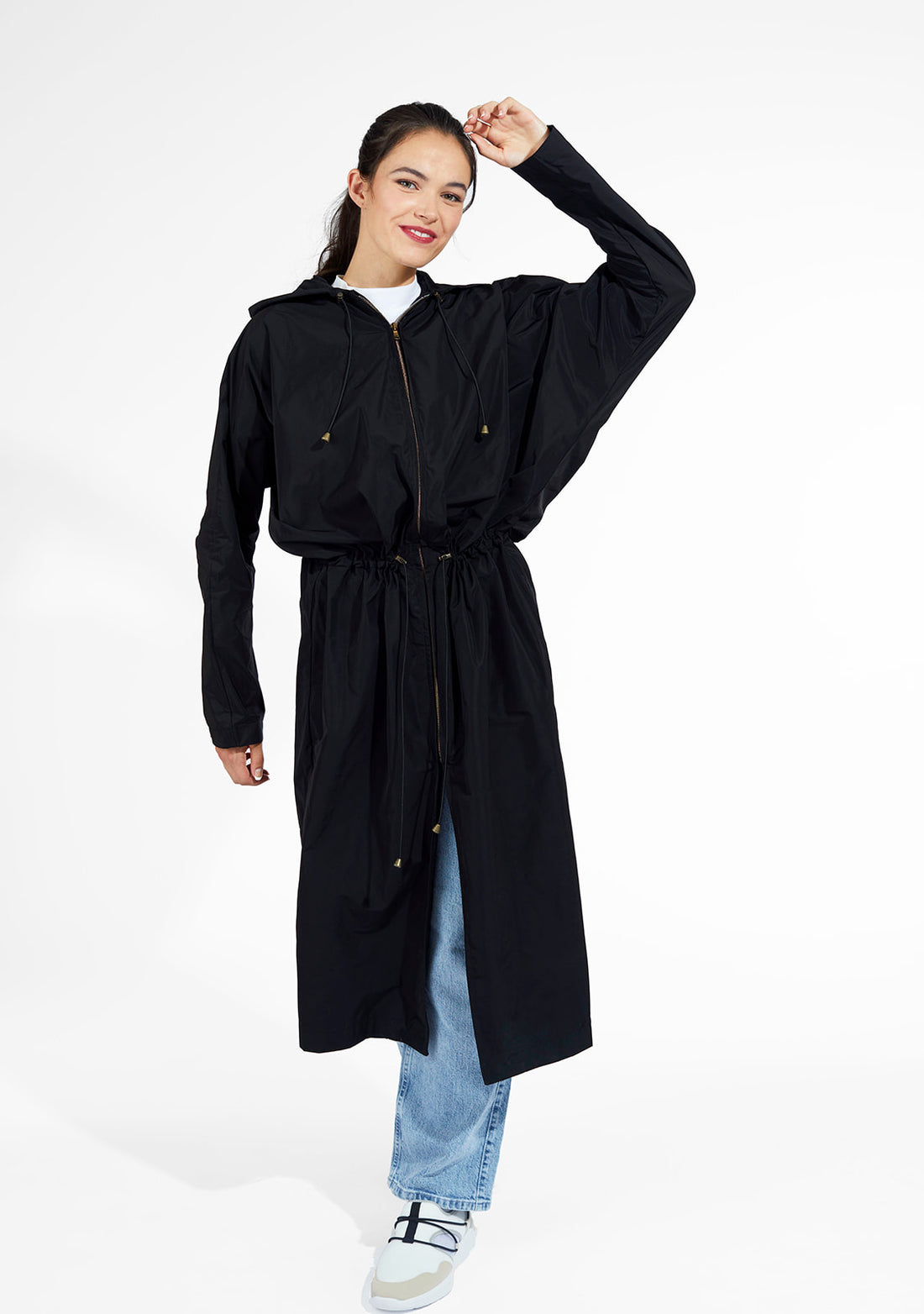 Long Raincoat with Hood - Black