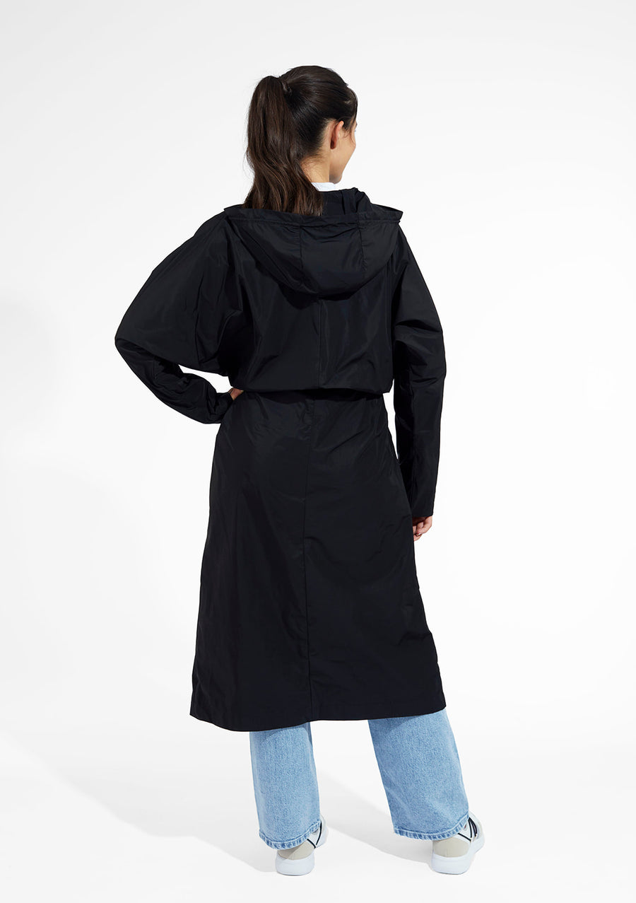 Long Raincoat with Hood - Black